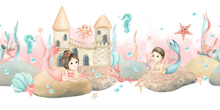 Mermaid girl and boy lie on stone seamless border. Watercolor underwater world with castle childrens illustration isolated from background. Aquatic animals, seaweed for interior sticker, stationeryの写真素材
