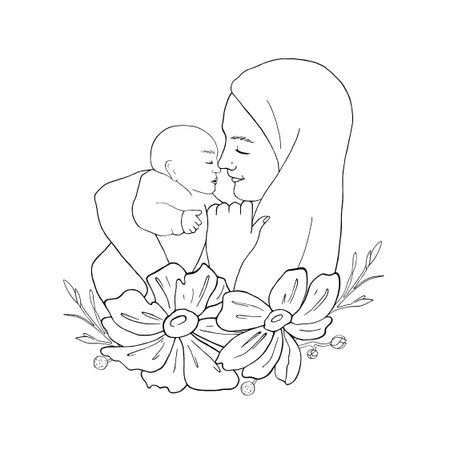 Muslim woman hold sleeping child with flowers. Arab mother hugs her newborn baby, buds of Anemone. Graphic vector illustration line art style. Motherhood to Mother Day holiday, birth of child cardのイラスト素材