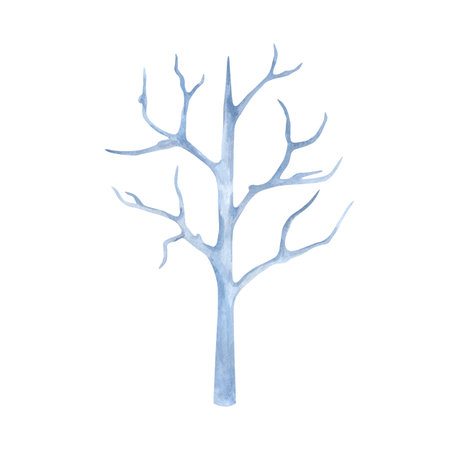 Watercolor abstract tree. Blue silhouette branch. Element isolated from background. For winter landscape design, card, interior decoration, kids book, board game, textileの写真素材