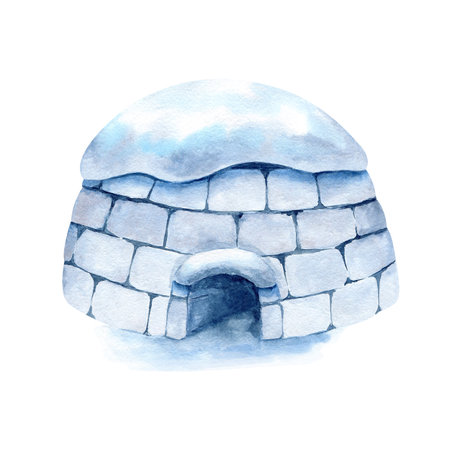Igloo with snow on top. Watercolor icehouse ice blocks. Traditional winter house of Inuit. Clip art isolated from background for landscape design, childrens book, educational materialの写真素材