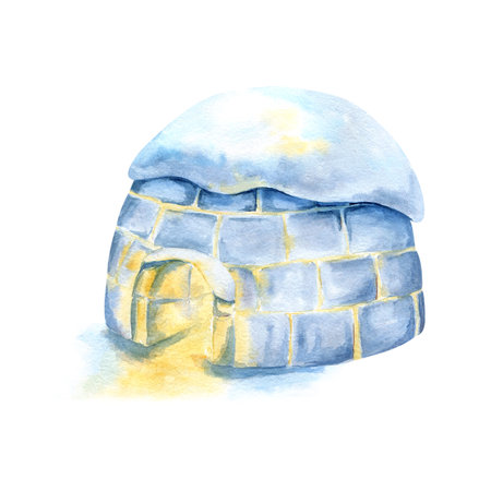 Igloo with light inside and snow on top. Watercolor glowing icehouse ice blocks. Traditional winter house of Inuit. Isolated clip art Christmas landscape design, childrens book, cardの写真素材