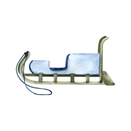 Wooden sled. Watercolor winter sleigh, sledge. Traditional vehicle of northern indigenous people, Inuit. Clip art isolated from background. Folk life, culture card design, childrens educational bookの写真素材