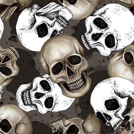 Human skulls seamless pattern. Watercolor illustration with graphic objects, elements. Hand drawn ornament for Halloween, Day of the Dead. Gothic line art style for textile, packaging, stationeryの写真素材