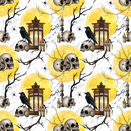 Halloween seamless pattern skulls, black ravens, lantern, branches, candelabrum with burning candle, yellow full moon. Watercolor illustration isolated from background for Day of the Dead decoration.の写真素材