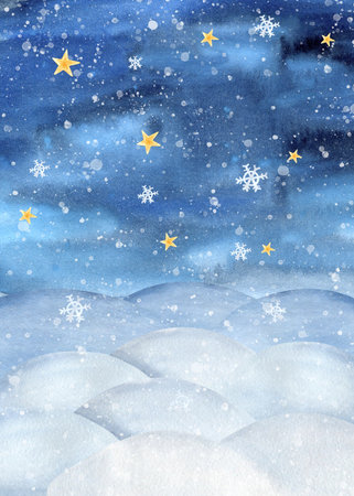 Holiday winter landscape template. Deserted snowdrift, night sky, snowfall, gold star, snowflake watercolor art frame. Snow background, New Year, Christmas card, packaging, decoration, stationeryの写真素材