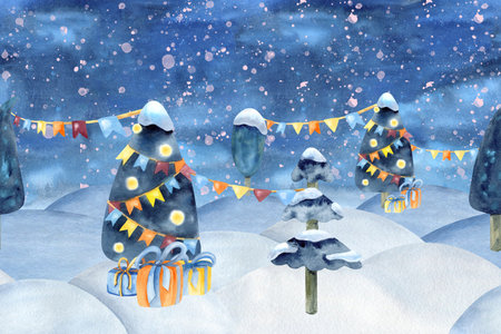 New Year night landscape seamless border watercolor. Decorated Christmas tree, flag garland, gift box on snowdrift, snowfall in forest. Winter background, banner, holiday card, packaging, decorationの写真素材