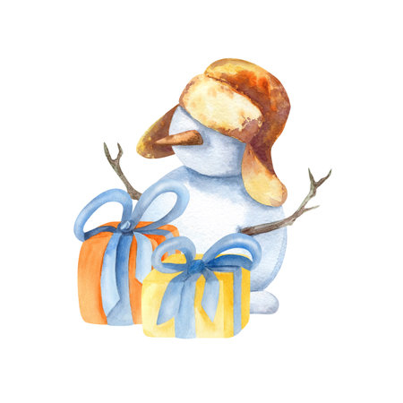 Snowman in hat with earflaps and gift box. Winter snow man character with carrot and sticks. Hand drawn clip art isolated from background. New Year, Christmas card, holiday decorationの写真素材