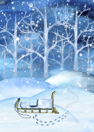 Watercolor winter landscape with wooden sled, footprint on snow. Snowdrift, night sky with snowfall, silhouette of tree. Snowy scenery for childrens book, game card, North, Arctic article, postcardの写真素材