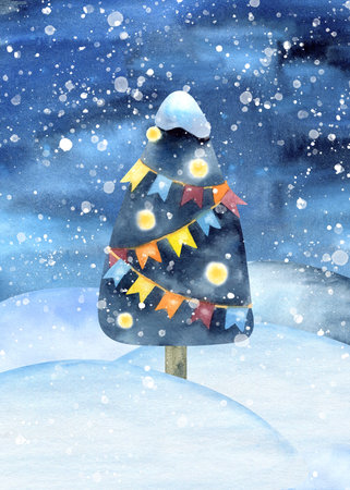 Christmas tree with snow on top and flag garland watercolor card. New Year night landscape in children style. Snowdrift and snowfall winter scenery. Holiday frame, template for decoration, postcardの写真素材