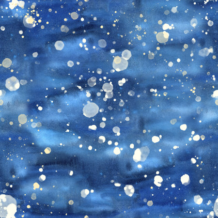Abstract watercolor winter seamless pattern, dark blue seamless pattern with white splashes, snowfall. Night sky with snowflake art Snow background. New Year, Christmas packaging, decoration, textileの写真素材