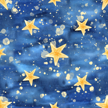 Christmas night, stars seamless pattern. Watercolor dark blue sky background, splashes, snowfall. Abstract snowflake art. New Year, Holiday packaging, decoration, children textile, wrapping paperの写真素材