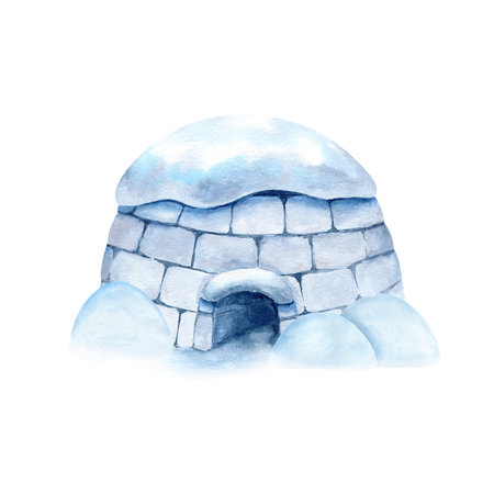 Igloo with snow on top, snowdrift. Watercolor icehouse ice blocks. North traditional winter house of...