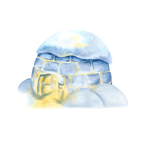 Igloo with light inside, snow on top, snowdrift. Watercolor glowing icehouse ice blocks. North traditional winter house of Inuit. Isolated clip art Christmas landscape design, childrens book, cardの写真素材