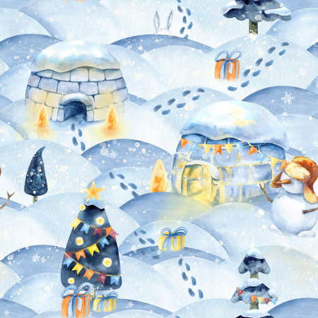 Christmas children seamless pattern, igloo, snowdrift, holiday landscape background. Watercolor...