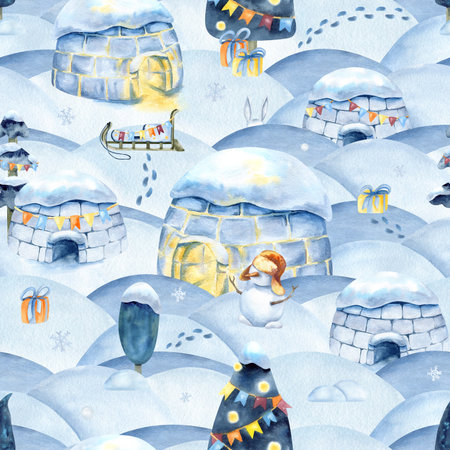 Christmas winter seamless pattern, igloo, snowdrift, holiday landscape background. Watercolor icehouse, sled, snowman, New year scenery, snowfall and footprint. Decorated tree, gift, wrapping paperの写真素材
