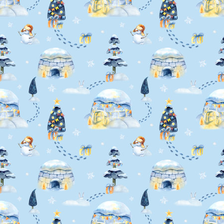 Christmas Inuit seamless pattern, igloo, holiday landscape isolated on blue background. Watercolor children illustration, New year scenery. xmas decorated tree. Packaging, textile, wrapping paperの写真素材