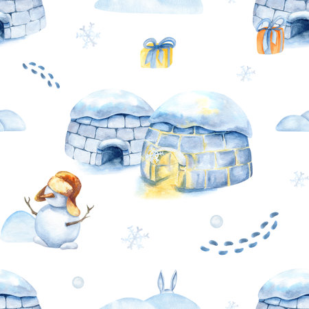 Christmas Inuit seamless pattern, igloo, snowman, holiday winter landscape isolated from background. Watercolor children illustration, New year scenery, snowflake, xmas, footprint, snowdriftの写真素材