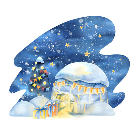 Christmas Inuit nigth, igloo, starry sky. Children watercolor illustration. Icehouse, gift box, garland, decorated fir tree and snowdrift. New Year composition for decoration, greeting card, stickerの写真素材