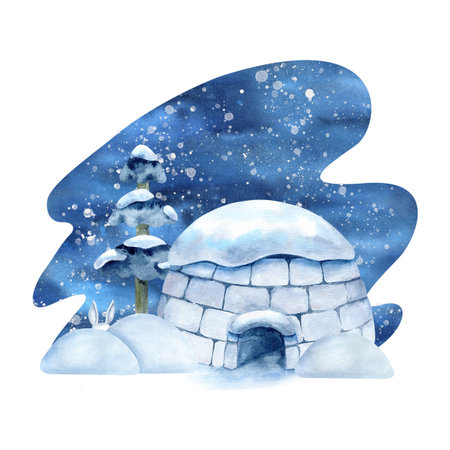 Watercolor winter night landscape with igloo, snowdrift, bunny ears and spruce. Snow scenery, snowfall, ice house. For childrens book design, Arctic article, card, decorative elementの写真素材