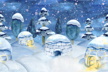 Winter night landscape with igloo, snowdrift, forest and snowfall seamless border. Watercolor scenery, illuminated ice house, tree with snow on top. North, Arctic design, banner, artの写真素材