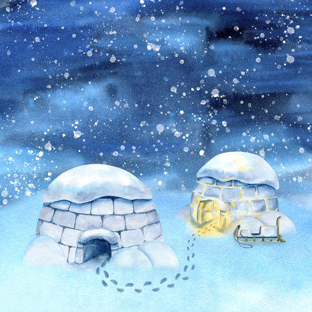 Winter night landscape, igloo, wooden sled, footprint on snow, snowdrift, snowfall on night sky. Watercolor scenery, illuminated ice house with snow on top. North, Arctic design for card, bookの写真素材