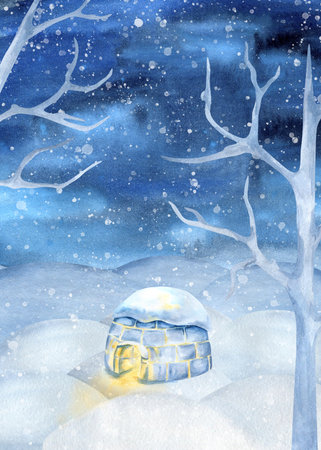 Watercolor winter landscape igloo and snow on top. Snowdrift, night sky, snowfall, silhouette of tree. Illuminated Inuit ice house. Snowy scenery for childrens book, North, Arctic article, postcardの写真素材