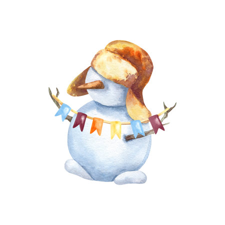 Snowman in hat with earflaps holds garland. Winter snow man character with carrot and sticks. Hand drawn clip art isolated from background. Greeting card, holiday decorationの写真素材