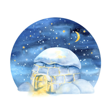 Arctic Inuit night northern composition, igloo with light inside, starry sky, moon. Snow-covered watercolor illustration landscape with snowdrift. For Christmas card, decoration, children bookの写真素材