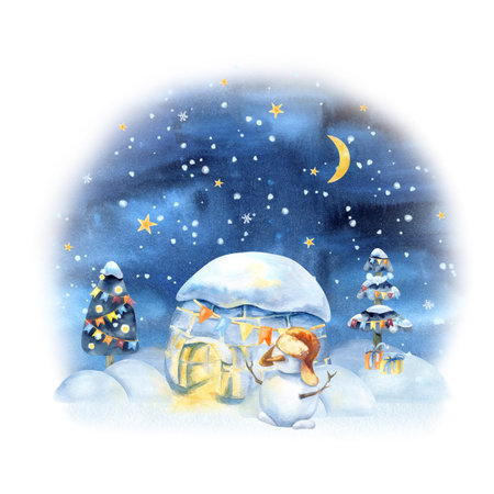 Christmas arctic night, igloo, starry sky, moon, snowman, decorated tree. Northern snow-covered landscape with snowdrift, watercolor illustration. Greeting card, new year packaging, decorationの写真素材