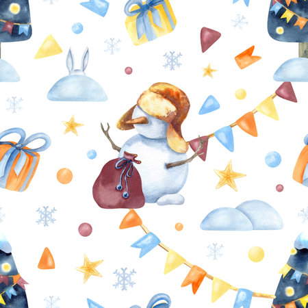 Christmas seamless pattern children illustration. Snowman, tree, garland, star, snow and snowdrift, gift box. Watercolor art isolated from background. New Year packaging, wrapping paper, decorationの写真素材
