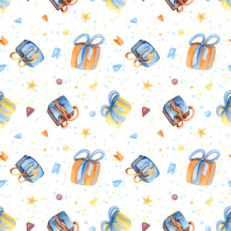 Festive seamless pattern with gift box, confetti, flags, watercolor spray. Bright illustration cheerful art isolated from background. For birthday packaging, wrapping paper, holiday decorationの写真素材