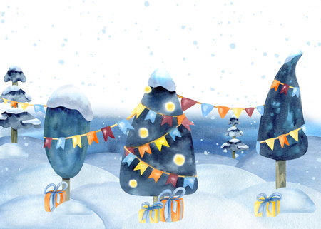 Christmas tree spruce with garland and gift box isolated border. Holiday snowy landscape watercolor template. New Year winter scenery in children style. Snowdrift and snowfall frame, banner, cardの写真素材