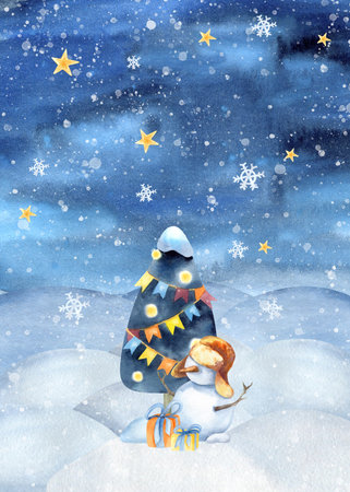 Merry Christmas tree, snow man, gift box, festive night landscape. Watercolor children card with winter landscape, snowdrift, snowfall and golden stars holiday New Year postcard, poster, decorationの写真素材