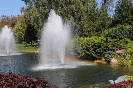 Rainbow in the park fountain in a sunny summer day. A riot of colors. Travel photos. Beautiful places for walkingの写真素材