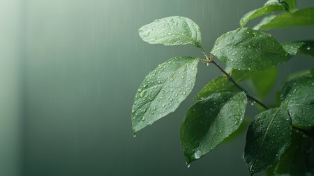 Water droplets cling to lush green leaves, sparkling under soft light after a recent rain shower. This serene moment captures the beauty of nature's freshness and vitalityの素材