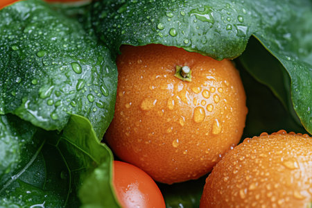 Glittering droplets of water cling to freshly washed oranges resting peacefully among lush green leaves, capturing the essence of freshness and nature's bounty in the early morning lightの素材