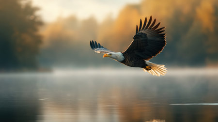 An eagle soars effortlessly above a serene lake, its powerful wings outstretched against the golden hues of sunrise. The calm water mirrors the beauty of dawn, creating a peaceful atmosphereの素材