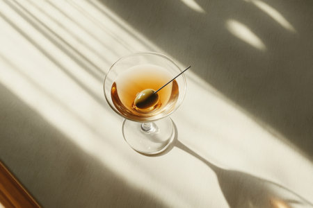 A classic martini sits gracefully in a glass, illuminated by soft sunlight filtering through shadows. An olive rests on a skewer, enhancing the drink's timeless eleganceの素材