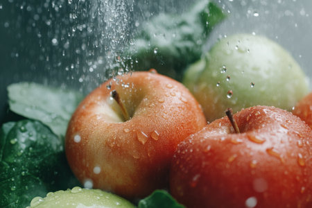 Water droplets cascade over vibrant apples, showing their freshness and inviting the taste of spring's healthy offeringsの素材