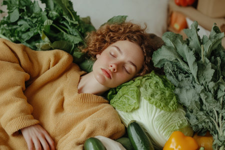 Amid colorful vegetables, a young woman relaxes, embracing the calm and renewal of spring's nourishing spiritの素材