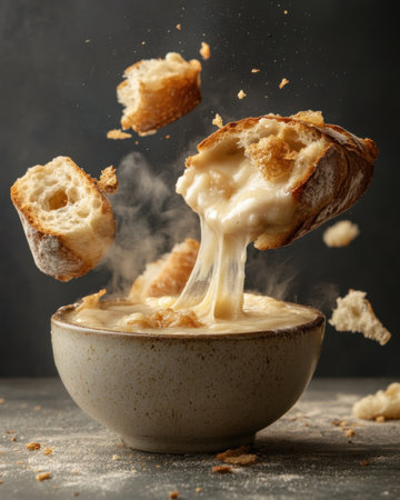 Bowl of French onion soup erupts with flavorful cheese, accompanied by crispy baguette slices. A warm steam rises against a dark backdrop, enhancing its comforting appeal and inviting enjoymentの素材