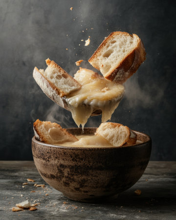 A delightful bowl of French onion soup erupts with a cheesy crust and crispy baguette slices. Steam rises, filling the air with warmth and comfort, perfect for cozy momentsの素材