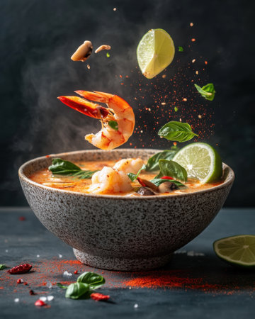 A vibrant bowl of Tom Yum soup erupts with shrimp, lemongrass, and lime, complemented by splashes of chili oil and fresh herbs, creating an enticing and spicy experienceの素材