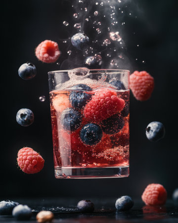 A captivating glass of berry tea floats effortlessly, adorned with fresh raspberries and blueberries. Tiny bubbles dance around, while steam rises from the cozy drink, inviting warmth and comfortの素材