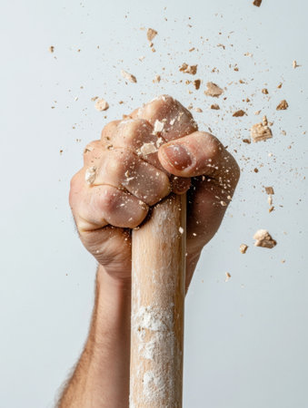 A strong hand fiercely breaks a wooden stick, sending splinters flying, symbolizing the strength and determination needed for mental health awareness and personal resilienceの素材