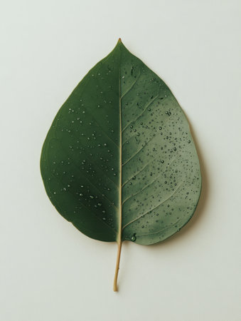 A vibrant green leaf lies gracefully, covered in glistening dewdrops, representing the essence of nature's calmness and the significance of mental health awareness monthの素材