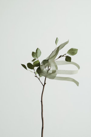 A slender tree branch showcases lush green leaves intertwined with a flowing green ribbon, elegantly reflecting the spirit of mental health awarenessの素材