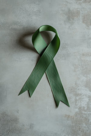 A vibrant green ribbon stands upright against a textured light backdrop, representing Mental Health Awareness Monthの素材
