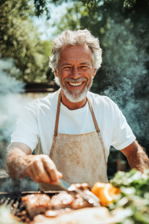 A cheerful father in a cozy apron stands by a grill, smiling brightly as he prepares delicious food. The sunlight filters through trees, creating a warm atmosphere for family bondingの素材