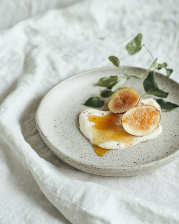 A beautifully styled snack cream featuresy yogurt topped with fresh figs and honey, elegantly presented on a muted ceramic plate. Perfect for a midday treat or gatheringの素材